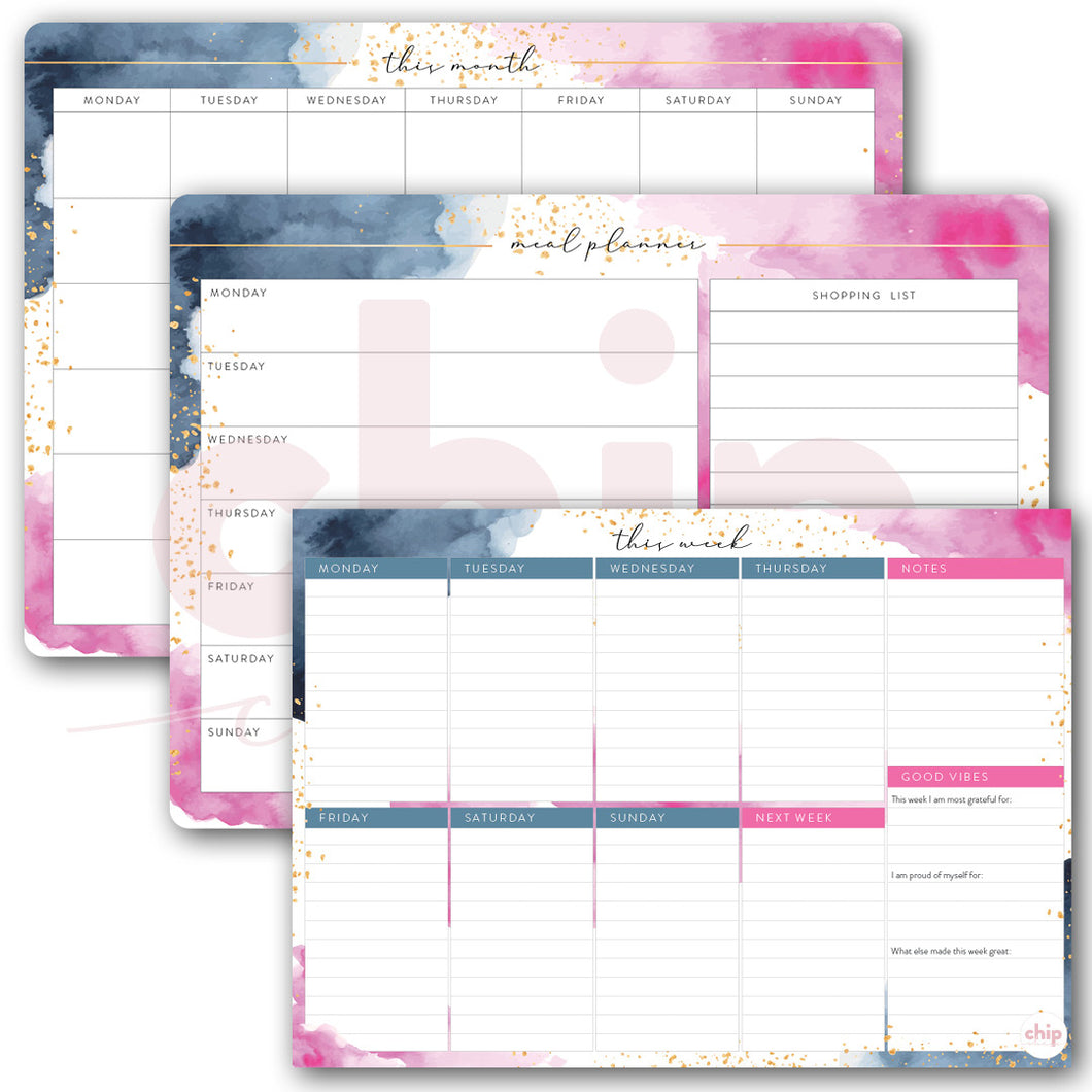 SET OF 3 ~ Magnetic Monthly Calendar, Meal Planner & A4 Desk Pad/Notepad- Watercolour