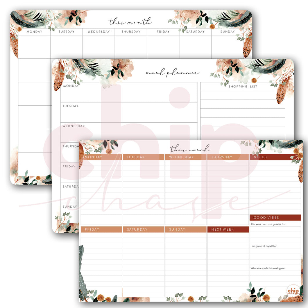 SET OF 3 ~ Magnetic Monthly Calendar, Meal Planner & A4 Desk Pad/Notepad- ~ Leaves & Feathers