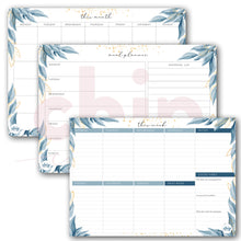 Load image into Gallery viewer, SET OF 3 ~ Magnetic Monthly Calendar, Meal Planner &amp; A4 Desk Pad Notepad ~ Aqua Leaves
