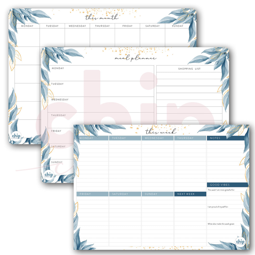 SET OF 3 ~ Magnetic Monthly Calendar, Meal Planner & A4 Desk Pad Notepad ~ Aqua Leaves